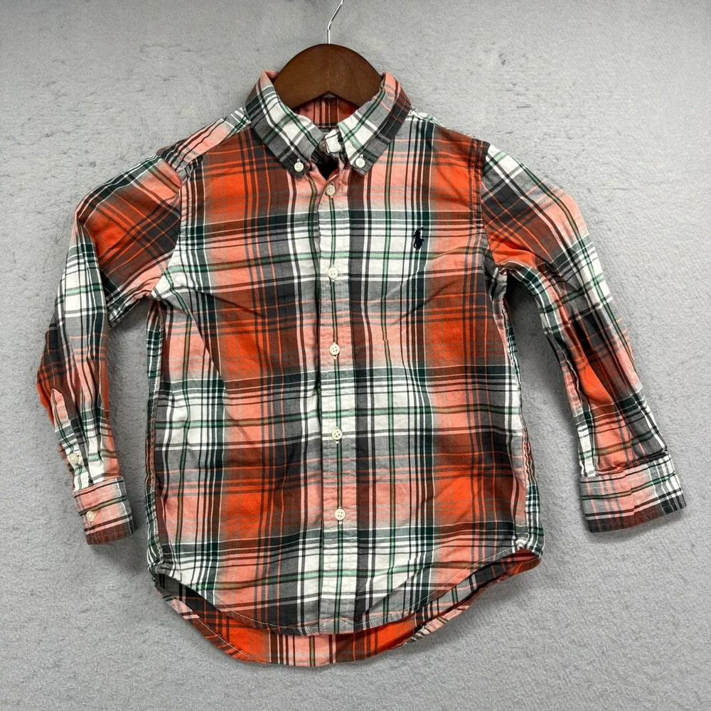 Ralph Lauren Button Down Boys 4T Orange Plaid Pony Long Sleeve Preppy Classic